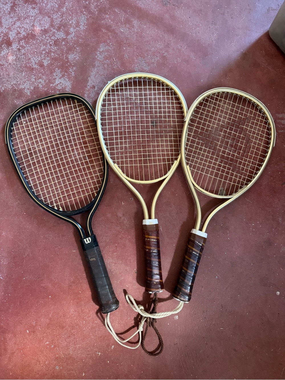 Vintage Tennis Racquet Lot of 3 Dunlop Wilson Gold Black Wood Grip Display